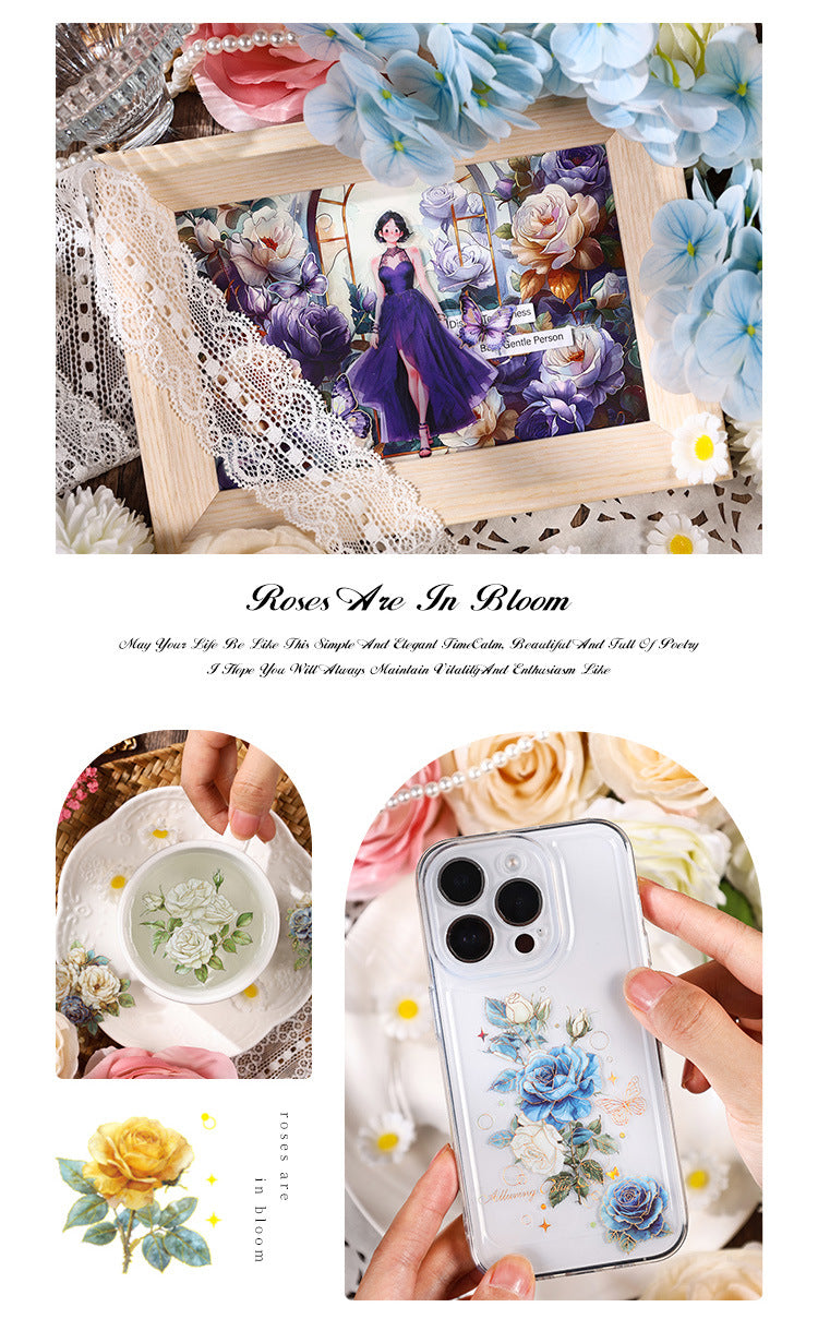 The Rose Blooms Special Oil Hot-stamped Transparent Waterproof PET Sticker Pack. DIY Handmade Journal and Diary Decoration Material, Retro Floral Patterns