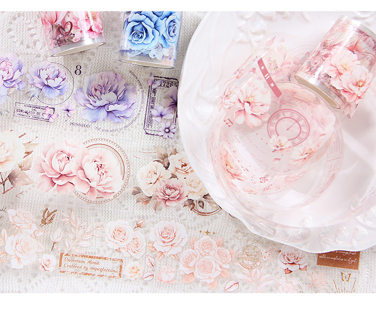 Pink and Delicate Flower Extra Oil-Resistant and Waterproof PET Tape Set, DIY Journal, Scenery Decoration Stickers, Romantic Floral Handmade Journal Stickers