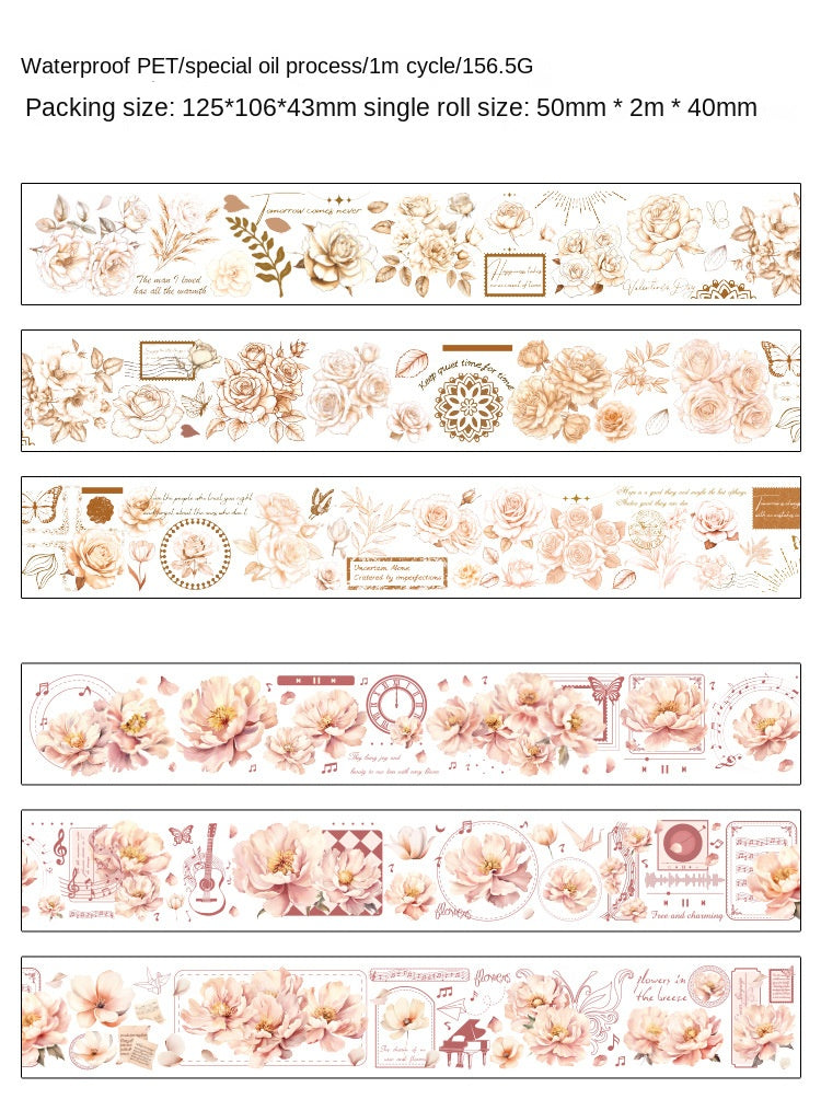 Pink and Delicate Flower Extra Oil-Resistant and Waterproof PET Tape Set, DIY Journal, Scenery Decoration Stickers, Romantic Floral Handmade Journal Stickers