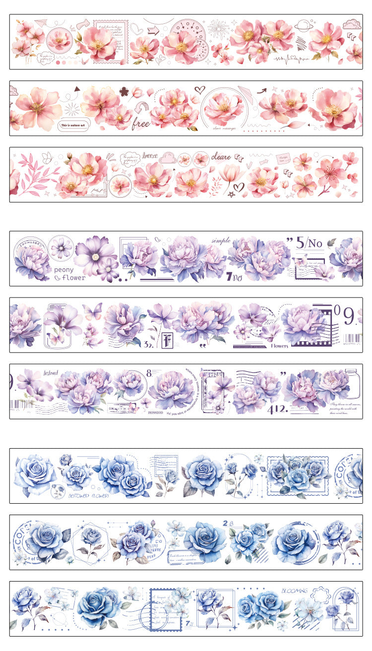 Pink and Delicate Flower Extra Oil-Resistant and Waterproof PET Tape Set, DIY Journal, Scenery Decoration Stickers, Romantic Floral Handmade Journal Stickers