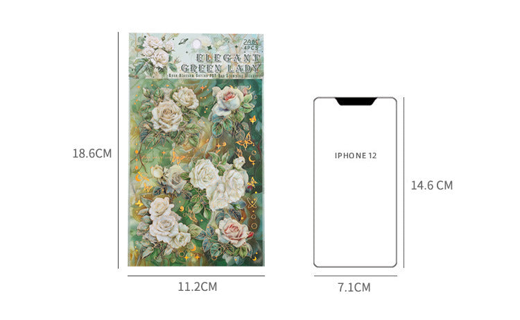 The Rose Blooms Special Oil Hot-stamped Transparent Waterproof PET Sticker Pack. DIY Handmade Journal and Diary Decoration Material, Retro Floral Patterns