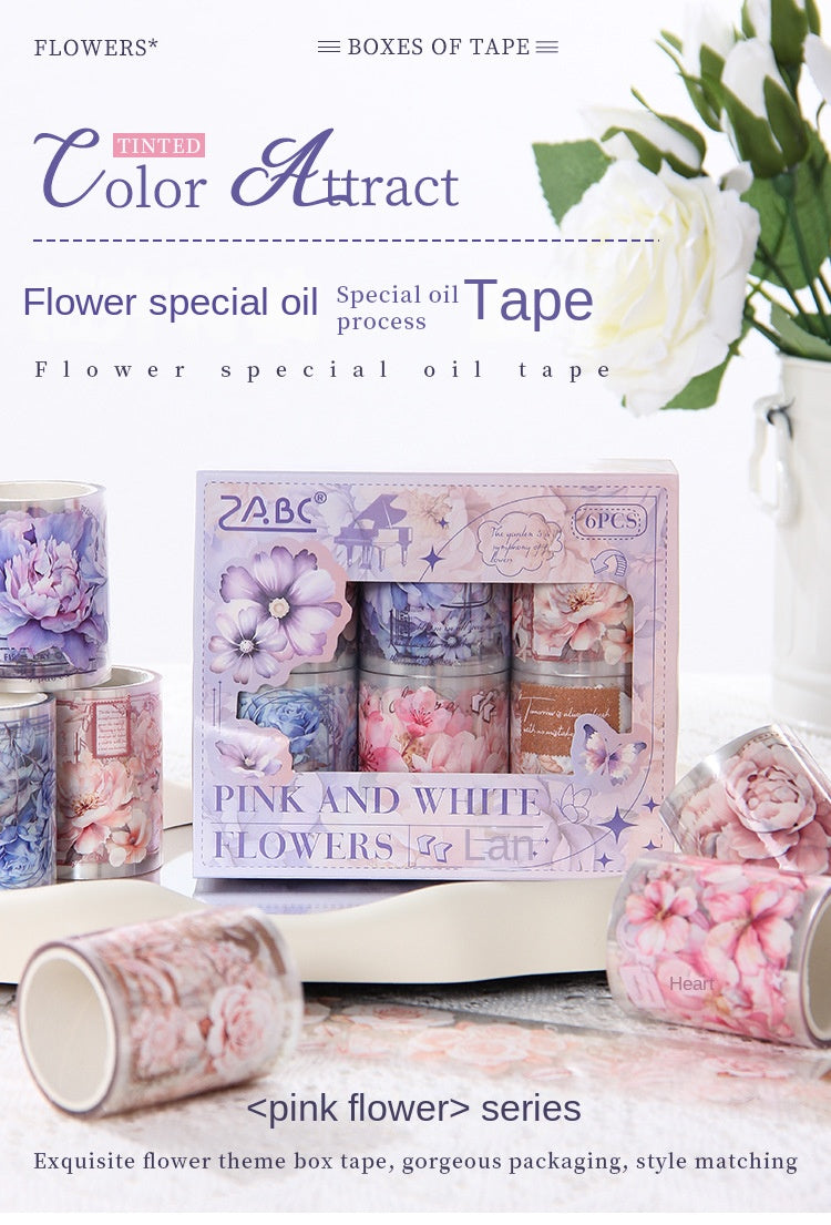 Pink and Delicate Flower Extra Oil-Resistant and Waterproof PET Tape Set, DIY Journal, Scenery Decoration Stickers, Romantic Floral Handmade Journal Stickers