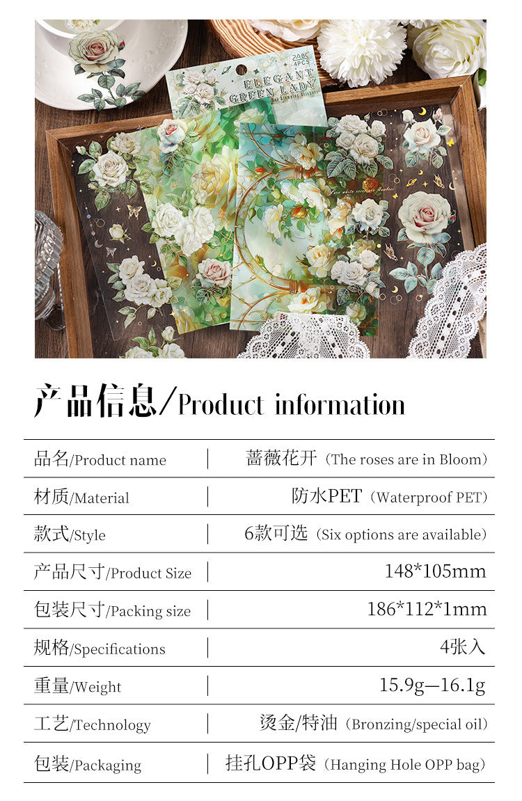 The Rose Blooms Special Oil Hot-stamped Transparent Waterproof PET Sticker Pack. DIY Handmade Journal and Diary Decoration Material, Retro Floral Patterns