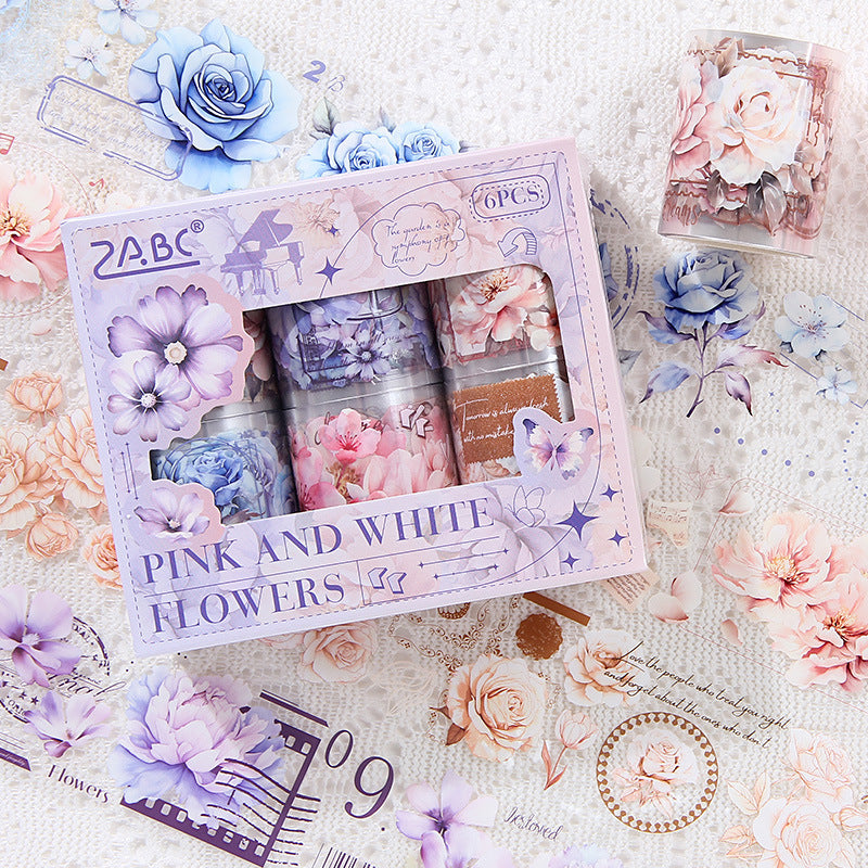 Pink and Delicate Flower Extra Oil-Resistant and Waterproof PET Tape Set, DIY Journal, Scenery Decoration Stickers, Romantic Floral Handmade Journal Stickers