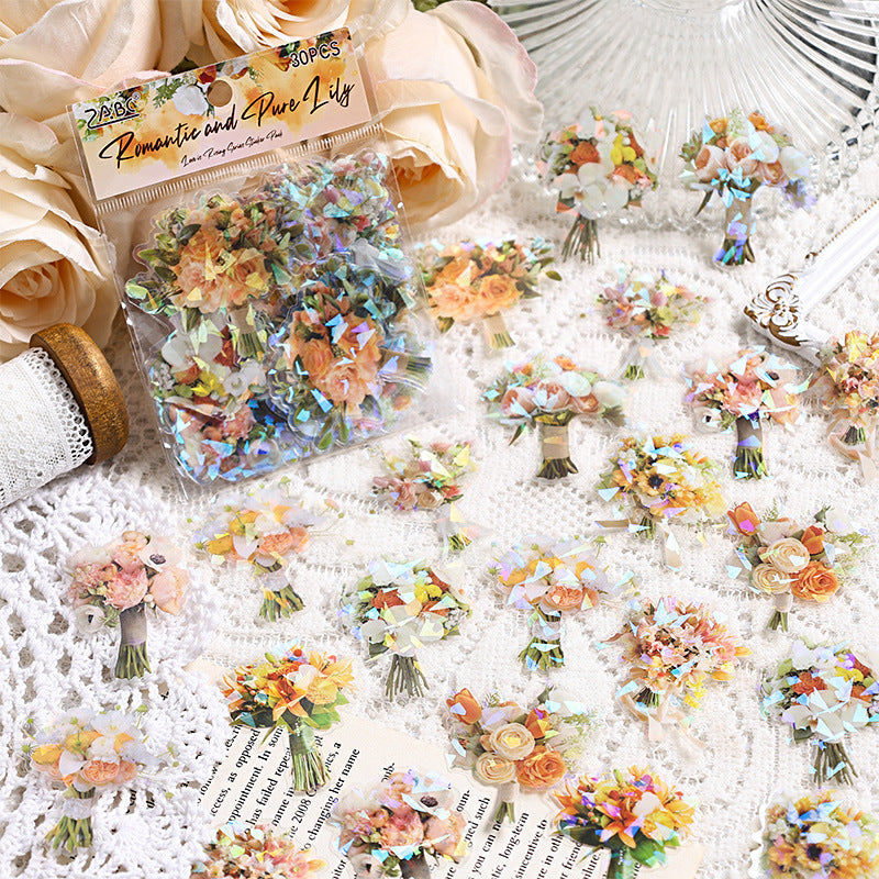 Transparent Waterproof PET Handmade Journal Sticker Pack with Overflowing Love, DIY Laser Shell Luster Handmade Journal and Diary Floral Stickers