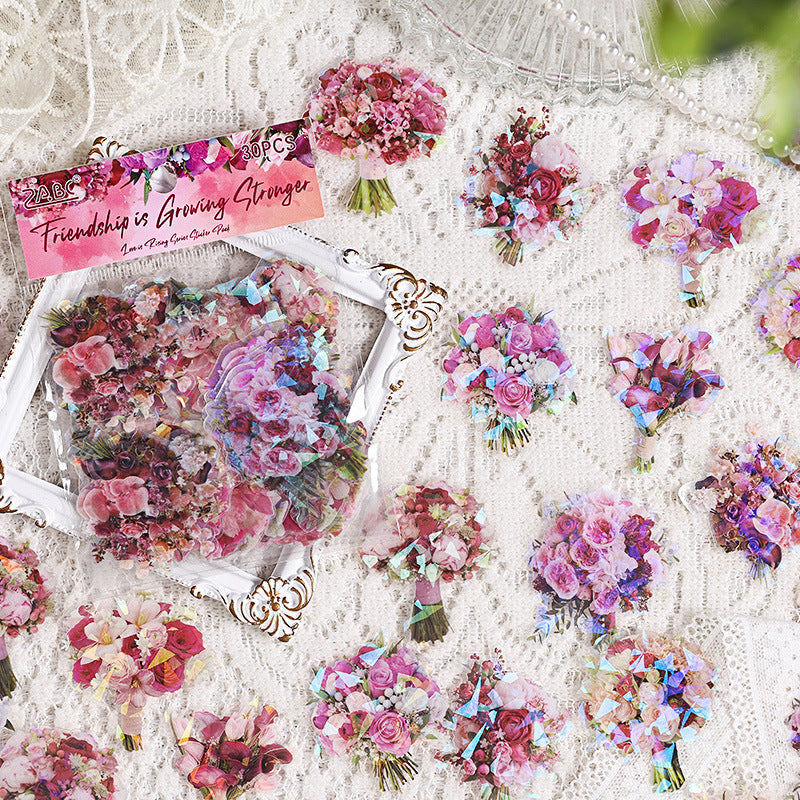 Transparent Waterproof PET Handmade Journal Sticker Pack with Overflowing Love, DIY Laser Shell Luster Handmade Journal and Diary Floral Stickers
