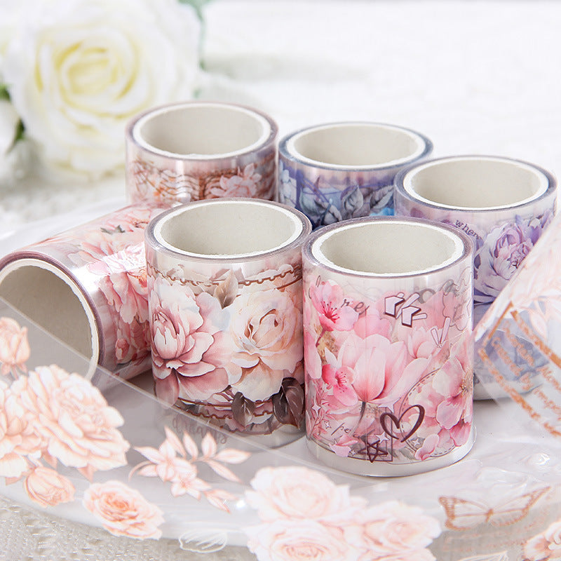 Pink and Delicate Flower Extra Oil-Resistant and Waterproof PET Tape Set, DIY Journal, Scenery Decoration Stickers, Romantic Floral Handmade Journal Stickers