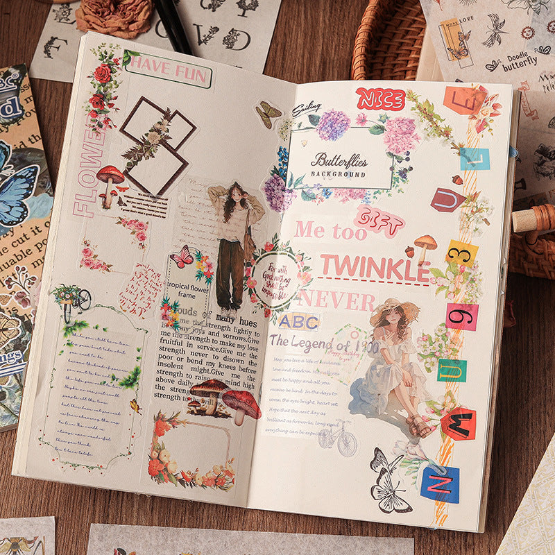 Fun Collection Washi Tape Sticker Book, DIY Handmade Journal, Diary Decoration Material, Sticker Art, Retro Stickers of Animals, Plants, Flowers and Herbs