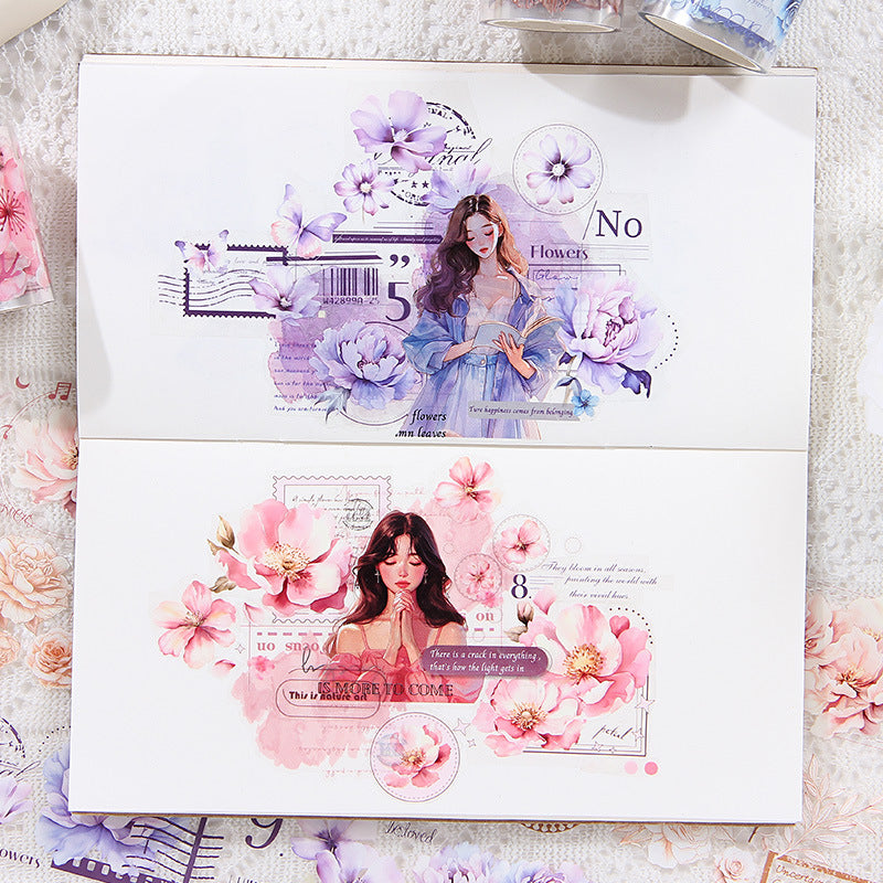 Pink and Delicate Flower Extra Oil-Resistant and Waterproof PET Tape Set, DIY Journal, Scenery Decoration Stickers, Romantic Floral Handmade Journal Stickers