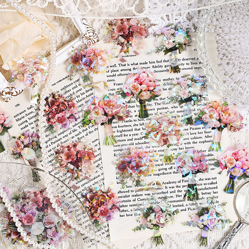 Transparent Waterproof PET Handmade Journal Sticker Pack with Overflowing Love, DIY Laser Shell Luster Handmade Journal and Diary Floral Stickers