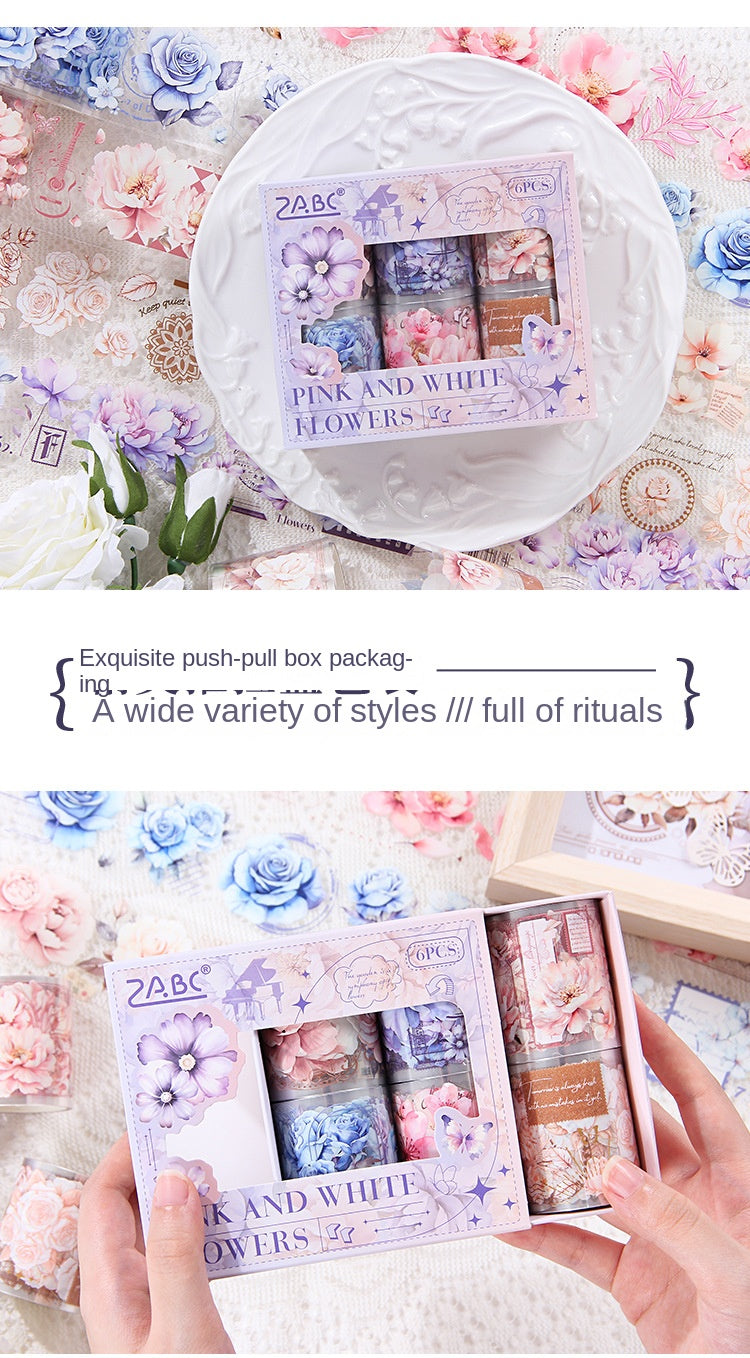 Pink and Delicate Flower Extra Oil-Resistant and Waterproof PET Tape Set, DIY Journal, Scenery Decoration Stickers, Romantic Floral Handmade Journal Stickers