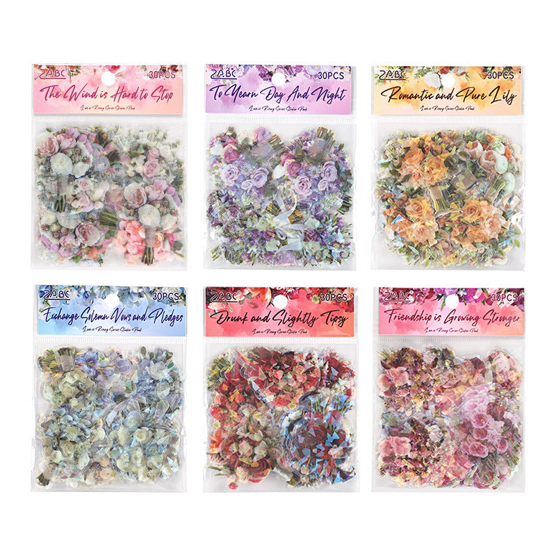 Transparent Waterproof PET Handmade Journal Sticker Pack with Overflowing Love, DIY Laser Shell Luster Handmade Journal and Diary Floral Stickers