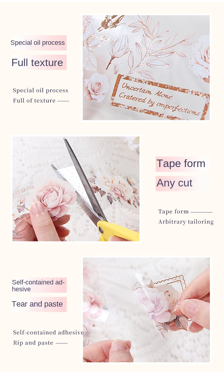 Pink and Delicate Flower Extra Oil-Resistant and Waterproof PET Tape Set, DIY Journal, Scenery Decoration Stickers, Romantic Floral Handmade Journal Stickers
