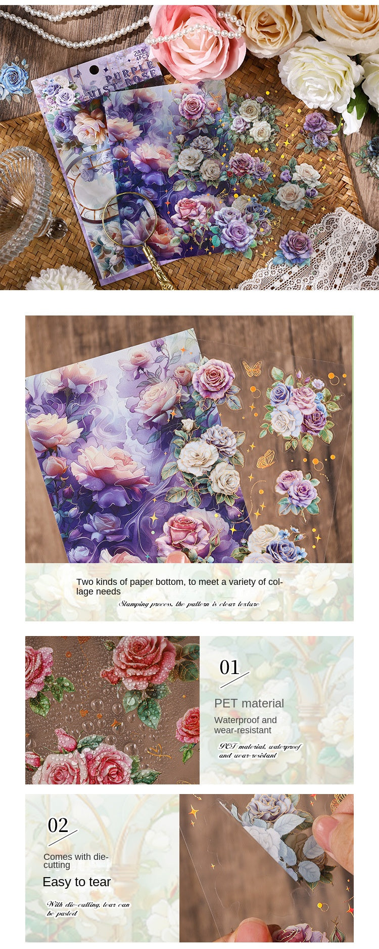 The Rose Blooms Special Oil Hot-stamped Transparent Waterproof PET Sticker Pack. DIY Handmade Journal and Diary Decoration Material, Retro Floral Patterns