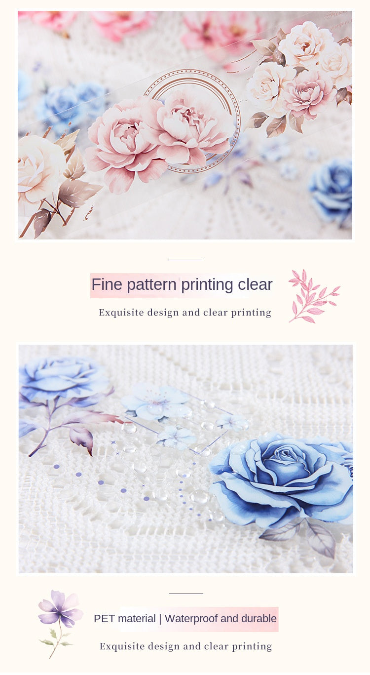 Pink and Delicate Flower Extra Oil-Resistant and Waterproof PET Tape Set, DIY Journal, Scenery Decoration Stickers, Romantic Floral Handmade Journal Stickers