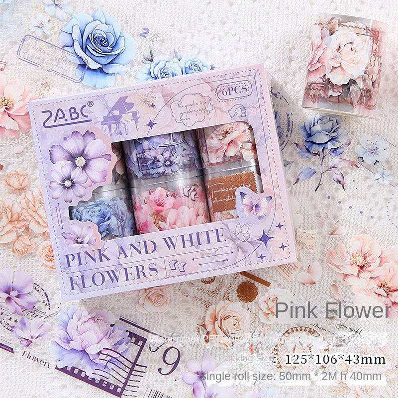 Pink and Delicate Flower Extra Oil-Resistant and Waterproof PET Tape Set, DIY Journal, Scenery Decoration Stickers, Romantic Floral Handmade Journal Stickers