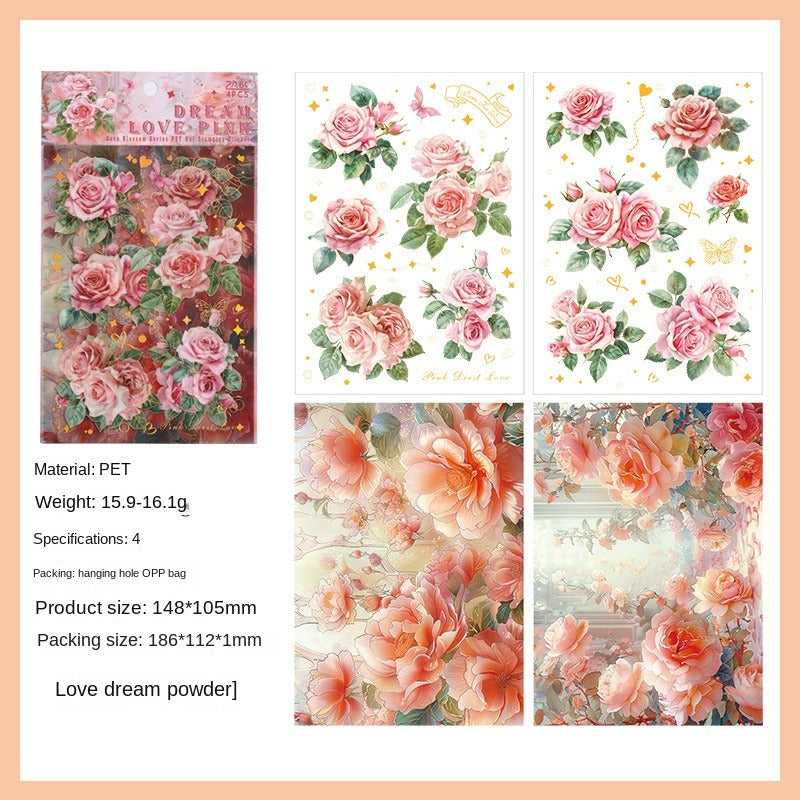 The Rose Blooms Special Oil Hot-stamped Transparent Waterproof PET Sticker Pack. DIY Handmade Journal and Diary Decoration Material, Retro Floral Patterns