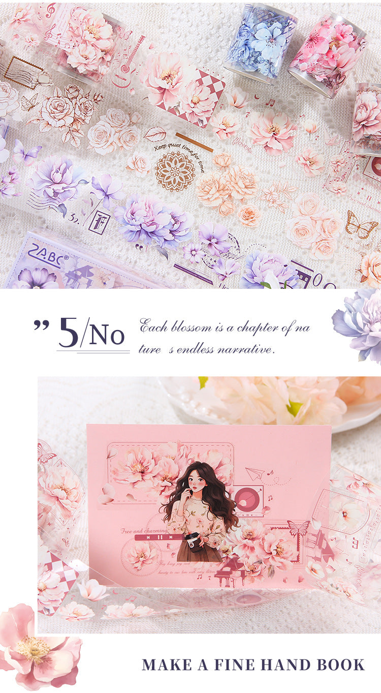 Pink and Delicate Flower Extra Oil-Resistant and Waterproof PET Tape Set, DIY Journal, Scenery Decoration Stickers, Romantic Floral Handmade Journal Stickers