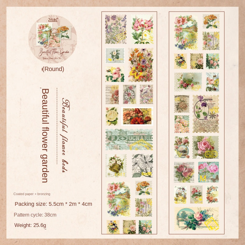 Yellowed letter paper, retro gold-stamped washi tape for DIY scene-making in bullet journals, bullet journal sticker rolls, plant and animal stickers, retro postage stamps.