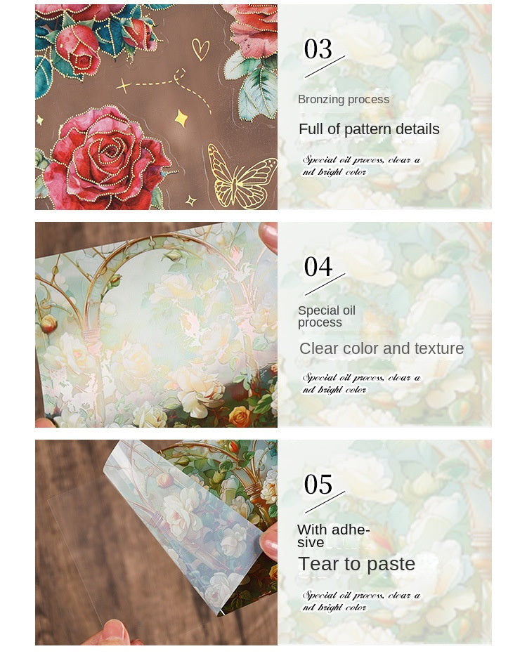 The Rose Blooms Special Oil Hot-stamped Transparent Waterproof PET Sticker Pack. DIY Handmade Journal and Diary Decoration Material, Retro Floral Patterns