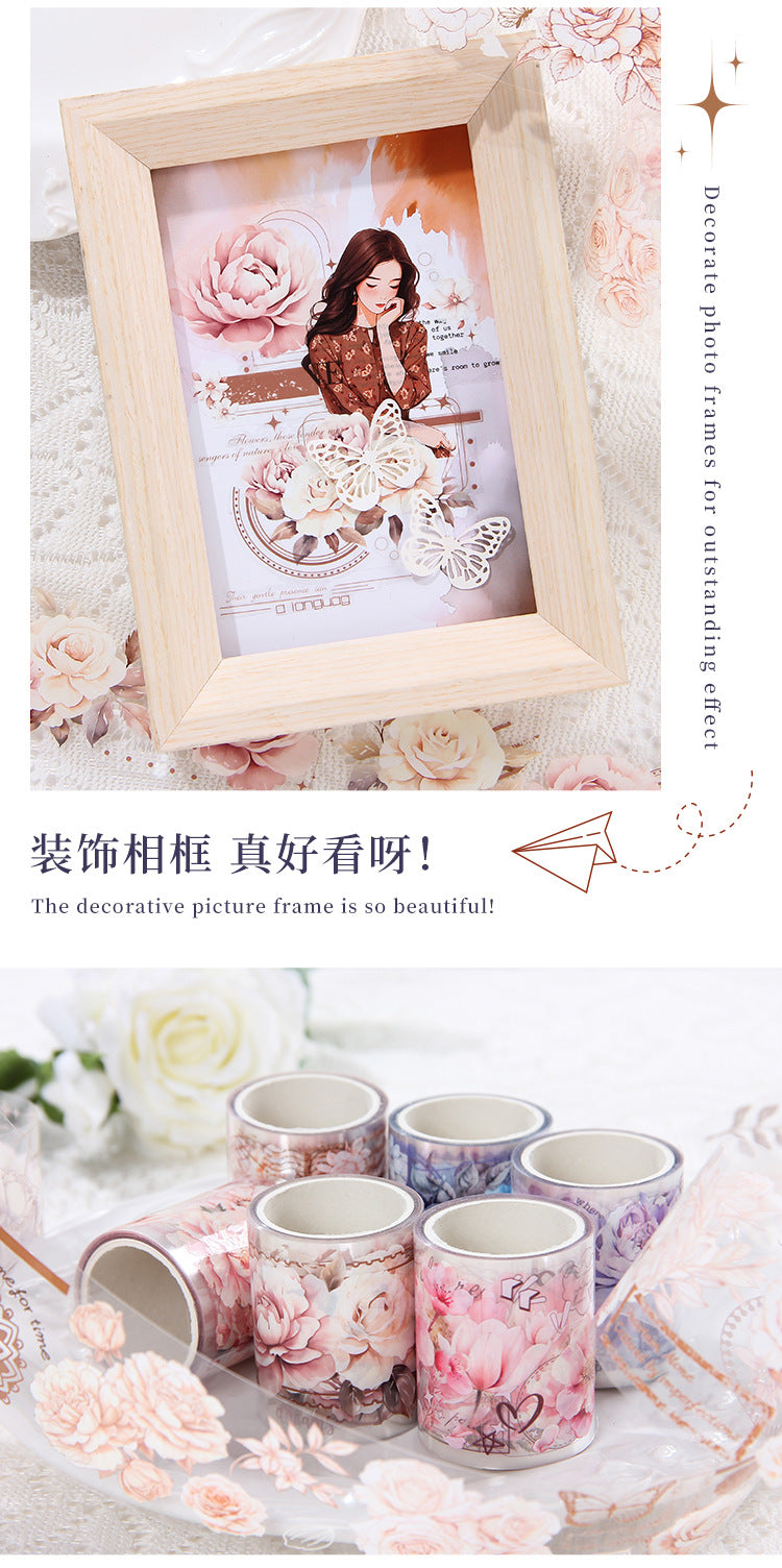 Pink and Delicate Flower Extra Oil-Resistant and Waterproof PET Tape Set, DIY Journal, Scenery Decoration Stickers, Romantic Floral Handmade Journal Stickers