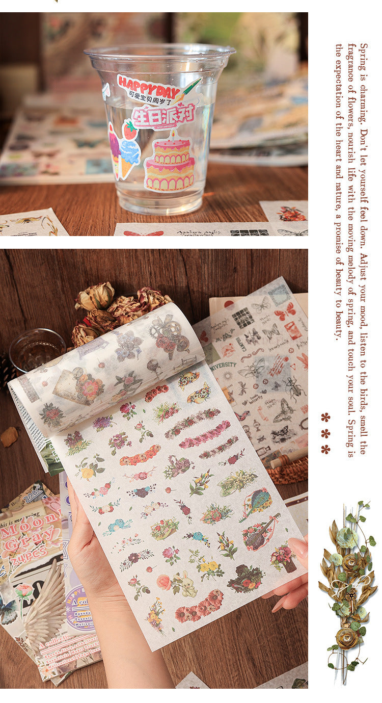 Fun Collection Washi Tape Sticker Book, DIY Handmade Journal, Diary Decoration Material, Sticker Art, Retro Stickers of Animals, Plants, Flowers and Herbs