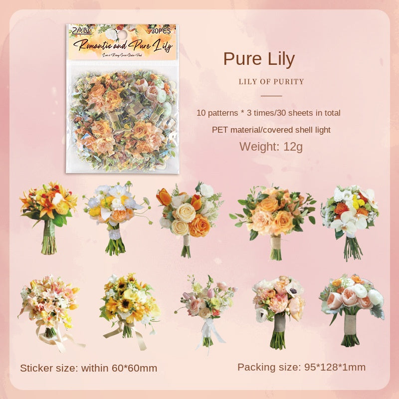 Transparent Waterproof PET Handmade Journal Sticker Pack with Overflowing Love, DIY Laser Shell Luster Handmade Journal and Diary Floral Stickers