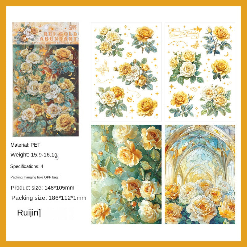 The Rose Blooms Special Oil Hot-stamped Transparent Waterproof PET Sticker Pack. DIY Handmade Journal and Diary Decoration Material, Retro Floral Patterns