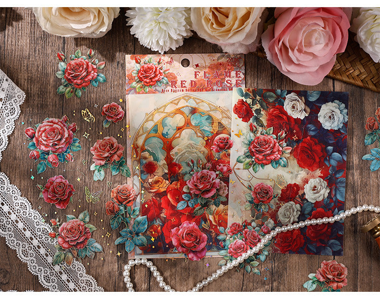 The Rose Blooms Special Oil Hot-stamped Transparent Waterproof PET Sticker Pack. DIY Handmade Journal and Diary Decoration Material, Retro Floral Patterns