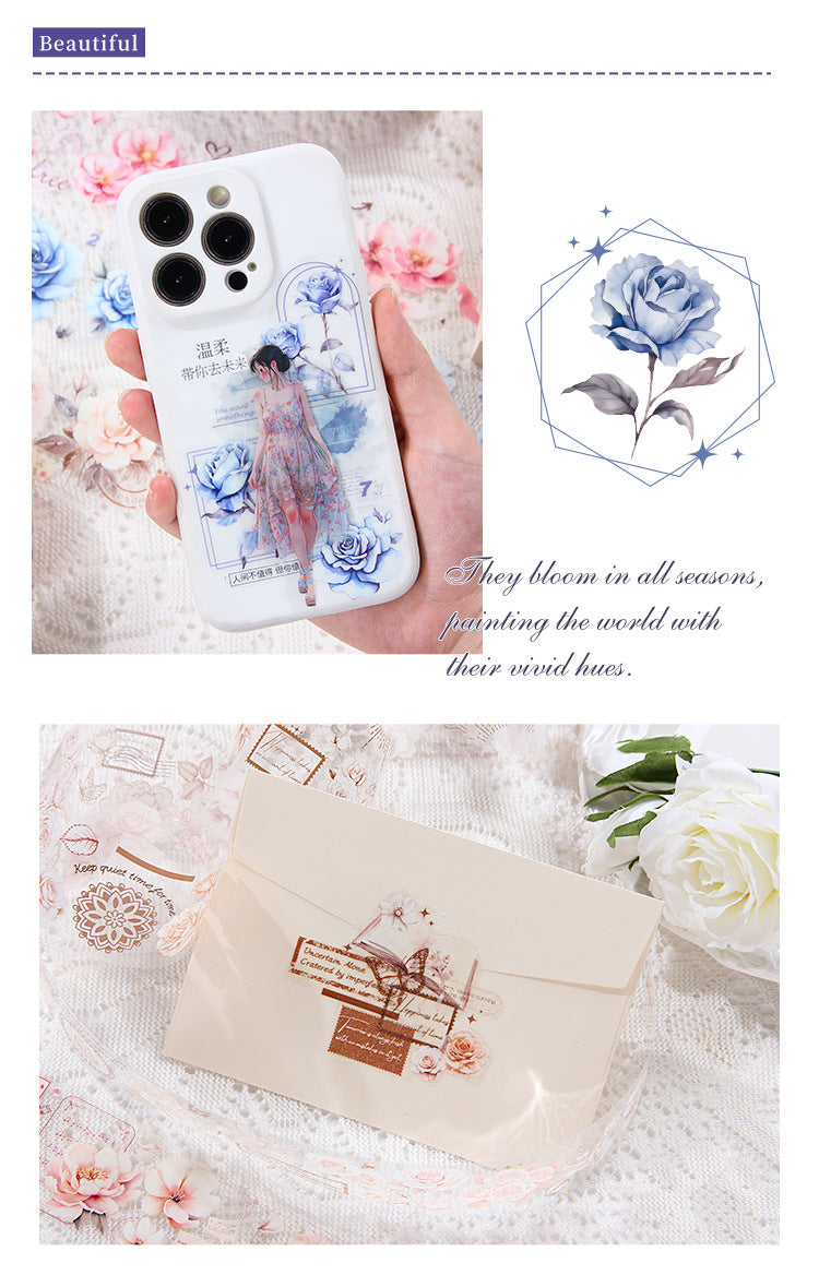 Pink and Delicate Flower Extra Oil-Resistant and Waterproof PET Tape Set, DIY Journal, Scenery Decoration Stickers, Romantic Floral Handmade Journal Stickers