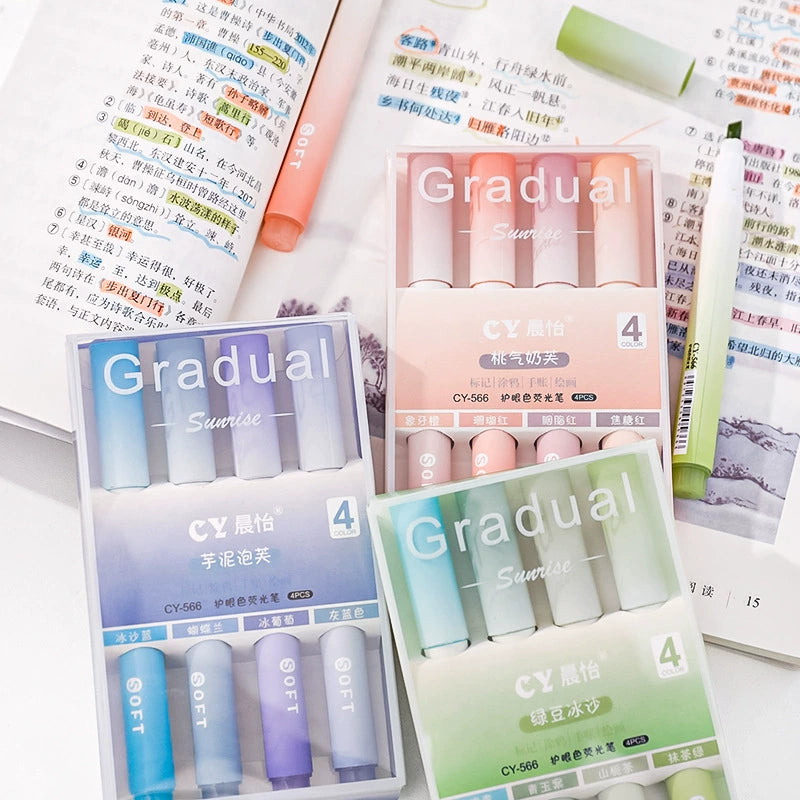 Gradient Eye-Protecting Oblique-Tip Highlighter, a boxed set of colored pens for students, with a high-value appearance, designed for marking key points and making notations in handbooks.