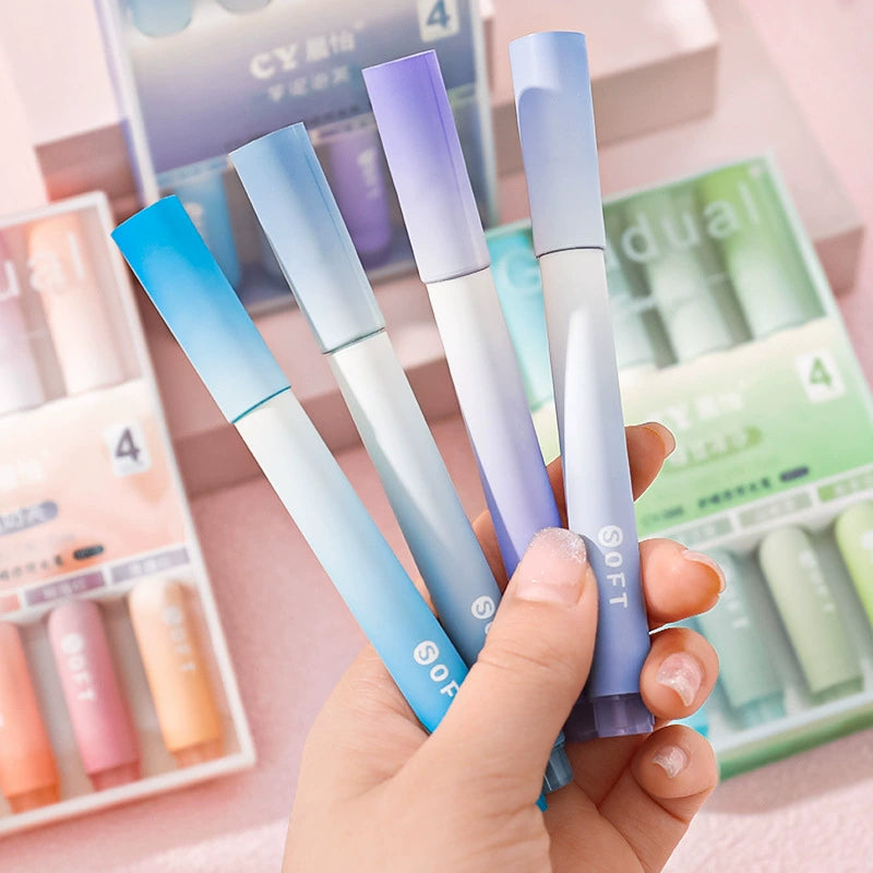 Gradient Eye-Protecting Oblique-Tip Highlighter, a boxed set of colored pens for students, with a high-value appearance, designed for marking key points and making notations in handbooks.