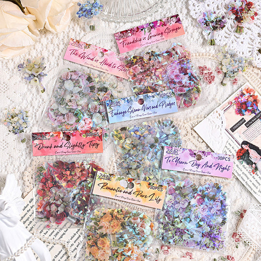 Transparent Waterproof PET Handmade Journal Sticker Pack with Overflowing Love, DIY Laser Shell Luster Handmade Journal and Diary Floral Stickers