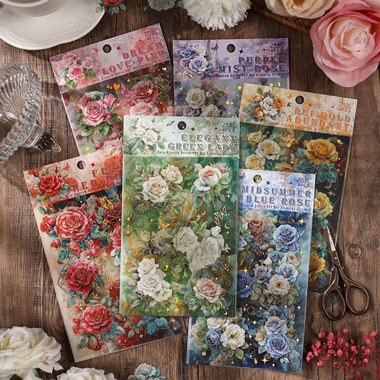 The Rose Blooms Special Oil Hot-stamped Transparent Waterproof PET Sticker Pack. DIY Handmade Journal and Diary Decoration Material, Retro Floral Patterns