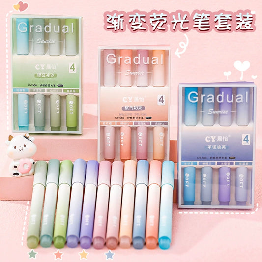 Gradient Eye-Protecting Oblique-Tip Highlighter, a boxed set of colored pens for students, with a high-value appearance, designed for marking key points and making notations in handbooks.