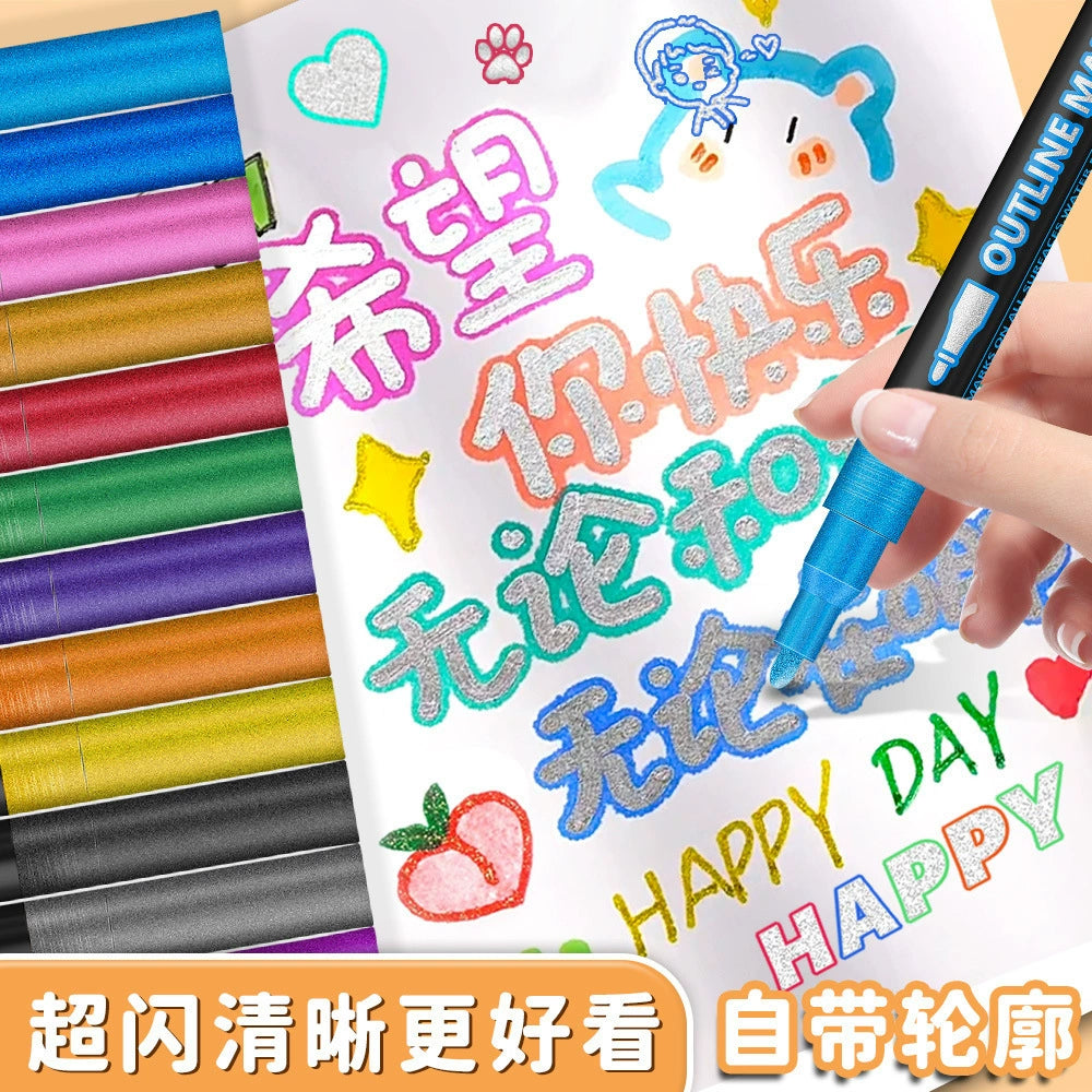 Shiny Outline Pen, a thick-tipped glittery metallic pen for greeting card painting and graffiti